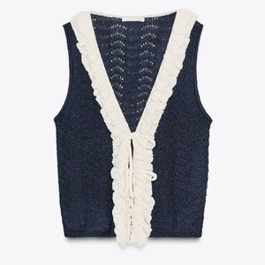 Zara Navy Blue Knit Vest with Cream Ruffle Trim